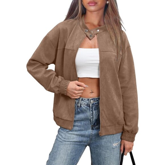 Women's Faux Leather Jacket Oversized Suede Camel Bomber Coat Fall Winter Outfit - Picture 2 of 4